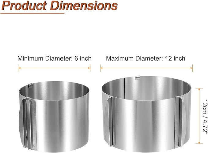 HARFINGTON 6" to 12" Cake Ring 12cm High Adjustable Round Cake Ring Stainless Steel Mousse Baking Moulds Bakeware Supplies for Baking Cooking Making Tool