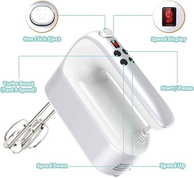 9-Speed Digital Hand Mixer Electric, 400W Powerful DC Motor, Hand Mixer Electric Handheld with Snap-On Storage Case, 5 Stainless Steel Accessories, Beaters, Dough Hooks, Whisk(Silvery White)
