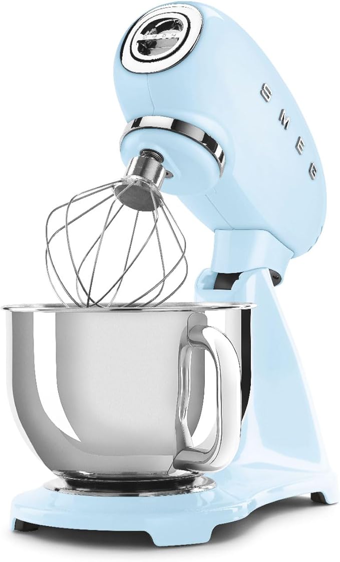 SMEG SMF03 Stand Mixer – 5 Qt Tilt-Head Mixer with Stainless Steel Bowl, 10 Speeds, Retro 50s Vintage Style – Pastel Blue