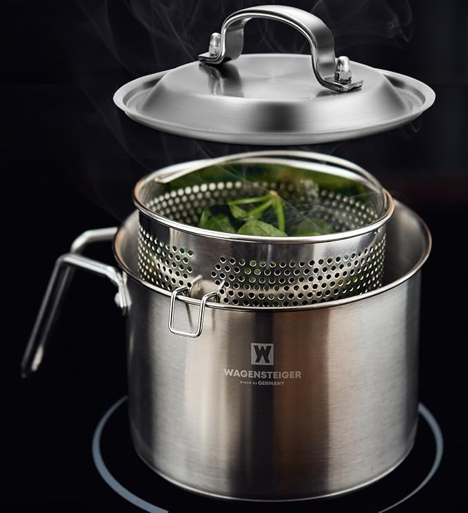 Stainless Steel Vegetable Egg Steamer Pot Saucepan Pasta Stovetop Cooker with Perforated Basket, Small Sized for Single or Double Servings (2.3Liter / 2.43Quarts)