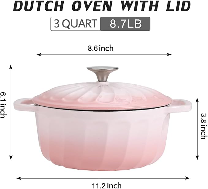 Enameled Cast Iron Dutch Oven Pot with Lid, 3 QT Dutch Oven for Bread Baking, Heavy Duty Cast Iron Pot for Braising, Cook, Bake, Oven Safe across All Cooktops (Gradient Pink,3 QT)