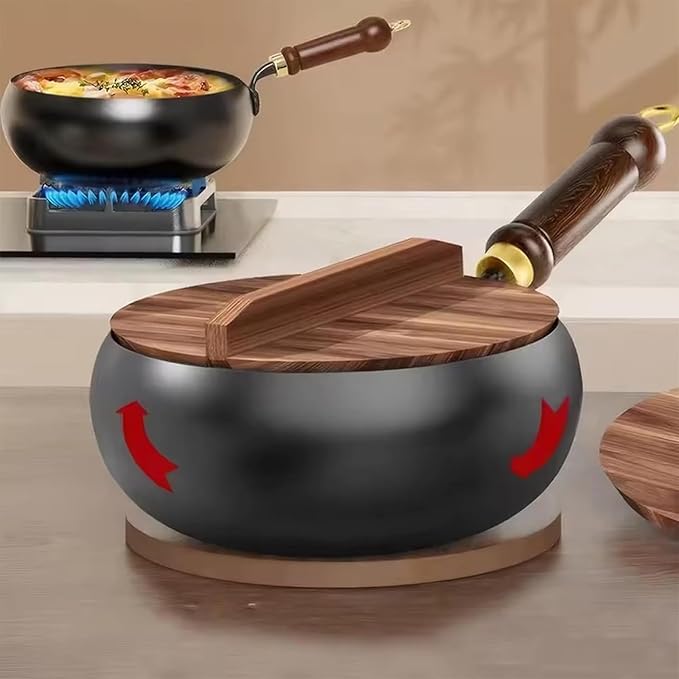Uncoated Thick Iron Pot, Japanese Iron Pots for Cooking, Uncoating Cast Iron Pot, Hand Forged Iron Pan with Lid Stir Fry Wok Skillet, High Purity Frying Pans for Home Kitchen (Glass Lid, 10.3in)