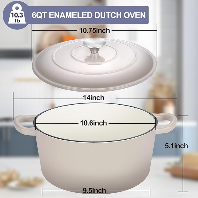 TeamFar Dutch Oven, 6QT Enameled Cast Iron Dutch Oven Cooking Pot with Lid & Dual Handles, for Bread Baking Braising Stewing, Heavy Duty & Non Stick, Oven & All Stovetops Safe - Khaki