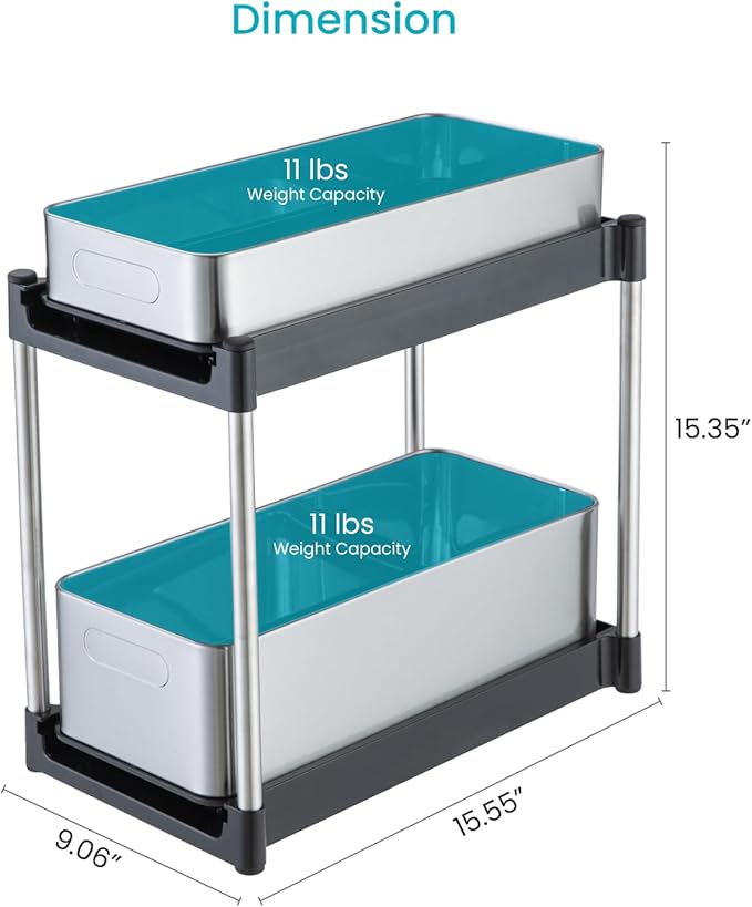 Home Zone Living 2-Tier Stainless Steel Cabinet Pull Out Organizer for Kitchen and Bathroom Storage