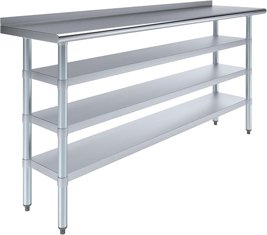 AmGood Stainless Steel Work Table with 1.5" Backsplash and 3 Shelves | Metal Kitchen Food Prep Table | NSF (72" Long x 18" Deep)