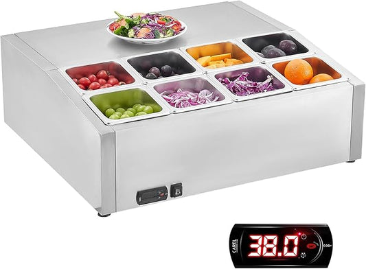 VEVOR Refrigerated Condiment Prep Station, 150 W Countertop Refrigerated Condiment Station, with Eight 1/6 Pans, 304 Stainless Body and PC Lid, Sandwich Prep Table, for Restaurant & Food Stall