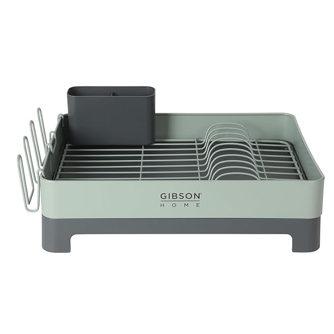 Gibson Home Nestcraft Full Size Rust Resistant Dish Rack with Drain Board and Flatware Caddy - Green