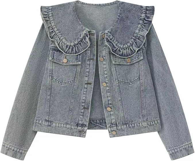 Xaspee Womens Peter Pan Collar Cropped Jean Jacket Embroidered Jacquard Long Sleeve Casual Floral Denim Jackets Coat