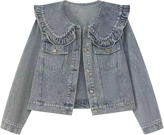 Xaspee Womens Peter Pan Collar Cropped Jean Jacket Embroidered Jacquard Long Sleeve Casual Floral Denim Jackets Coat