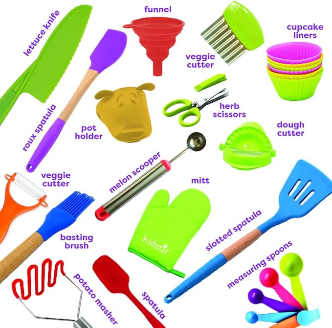 Kidstir Mega Cooking Set - Real Kitchen Tools Baking Set for Kids with Storage Bin [Actual Kitchen Utensils May Vary] Best Gift for Kids Girls & Boys Ages 5 and Up