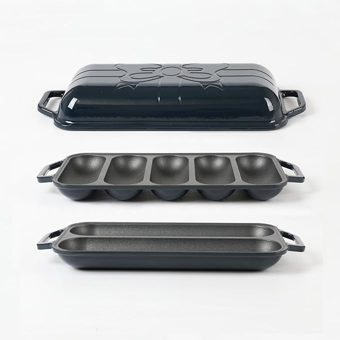 HAWOK Enameled Cast lron Baguette Bread Baker, 3-in-1 Baking Set with Full Baguette Tray, 5-Slot Mini Roll Tray & Reversible Lid Pan, 15 x 6.7 inch, Navy Blue
