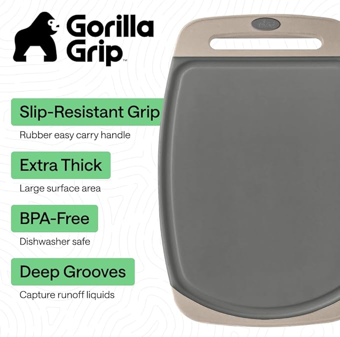 GORILLA GRIP BPA-Free Reversible Kitchen Cutting Board Set of 3, US Designed, Nonporous, Juice Grooves Catch Liquid, Slip Resistant Border, Dishwasher Safe, Durable Food Chopping Boards, Gray Almond