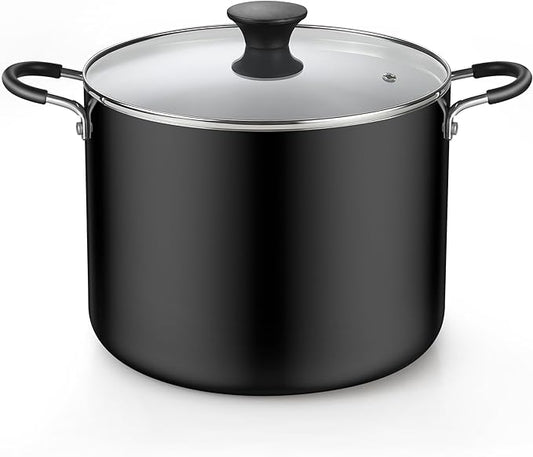 Cook N Home Nonstick Stockpot with Lid 10.5-Qt, Deep Cooking Pot Cookware Canning Stock Pot with Glass Lid, Black