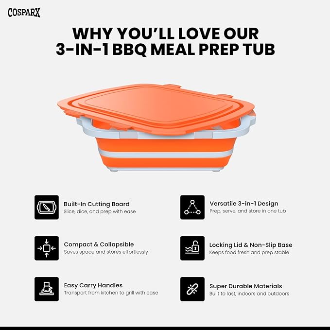 XL Collapsible BBQ Prep Tub with Cutting Board & Drain Plug – Portable Food Prep Station for Kitchen, Camping & Grill – Dishwasher Safe, Space-Saving Design – (Orange)