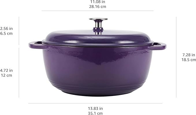 Amazon Basics Enameled Cast Iron Dutch Oven Pot with Lid, Round, Dual Handles, Heavy-Duty, Oven Safe for Stews, Roasting, Baking, 6-Quart, Purple