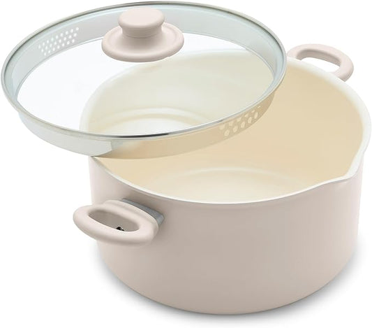 GreenLife 6QT Ceramic Nonstick Stockpot with Glass Straining Lid, PFAS-Free, Dishwasher Safe, Stay-Cool Handles, Oven Safe to 350°F, Wobble-Free Base, Even Heating, Taupe