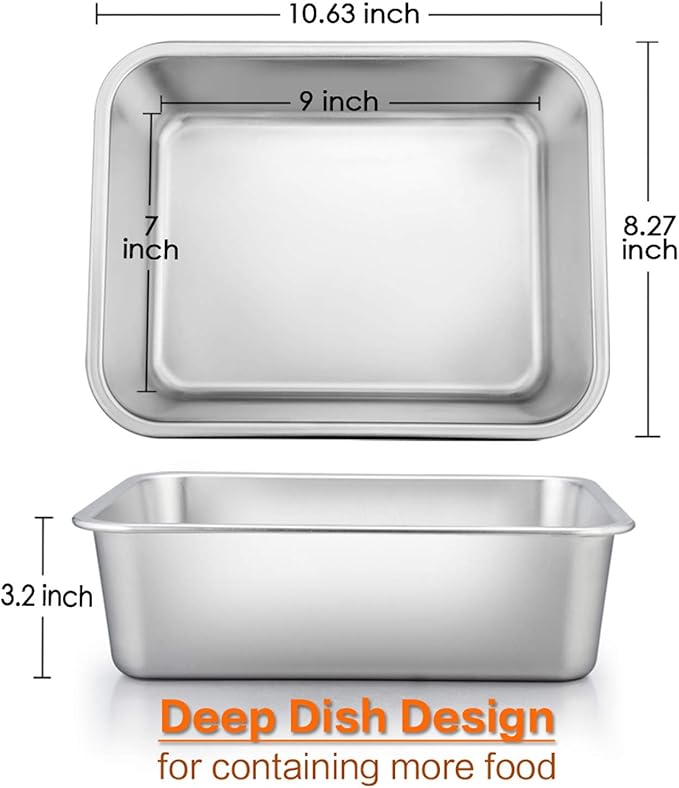 E-far Small Lasagna Pan, 10.6x8.3x3.2 Inches Deep Rectangular Baking Roasting Pans, Stainless Steel Roaster Baking Dish, Non-Toxic & Heavy Duty, Dishwasher Safe