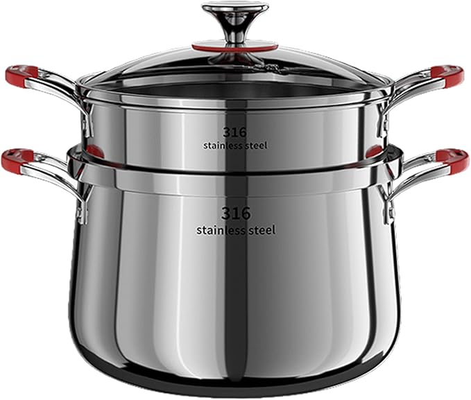 5 Qt Stainless Steel Stock Stew Pot with Steamer Insert and Glass Lid, 316 Thickened Clad for Fast Even Heating, Compatible with Gas Induction Ceramic Electric Halogen Stoves (2 Tier, 22cm)