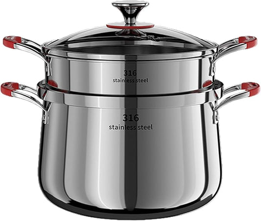 5 Qt Stainless Steel Stock Stew Pot with Steamer Insert and Glass Lid, 316 Thickened Clad for Fast Even Heating, Compatible with Gas Induction Ceramic Electric Halogen Stoves (2 Tier, 22cm)