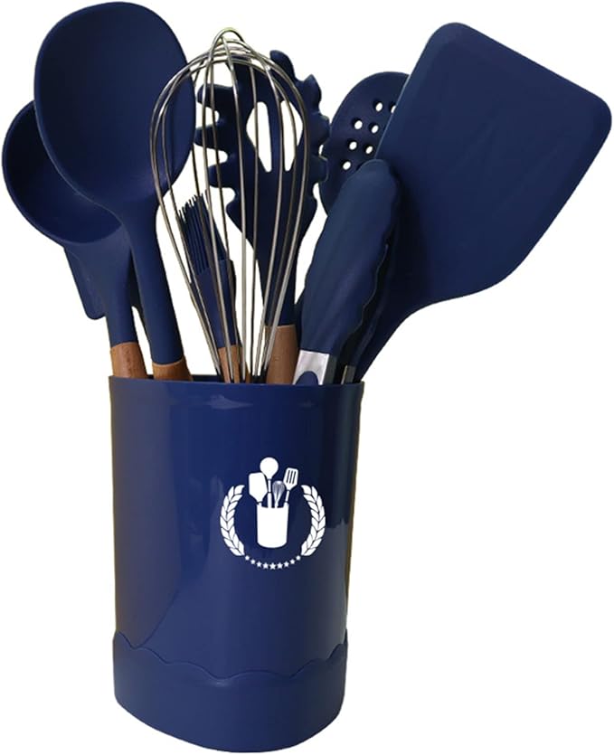Dark Blue Silicone Kitchen Cooking Utensils Set, Heat Resistant Gadgets with Wooden Handle, Silicone Spoons, Spatula, Whisk for Nonstick Cookware