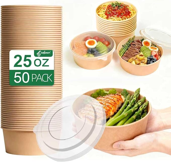 25 oz Disposable Kraft Round salad Bowls with Lid, 50 Sets Leakproof Microwave Meal soup containers Bowls, Waterproof Take Out Food Containers for Lunch Snack Camping Family