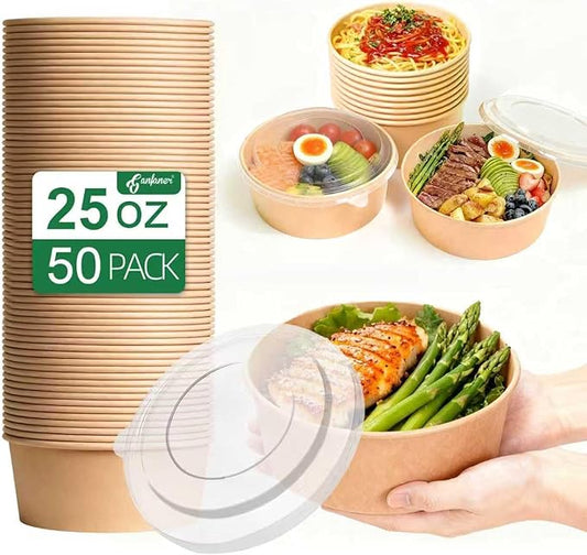 25 oz Disposable Kraft Round salad Bowls with Lid, 50 Sets Leakproof Microwave Meal soup containers Bowls, Waterproof Take Out Food Containers for Lunch Snack Camping Family