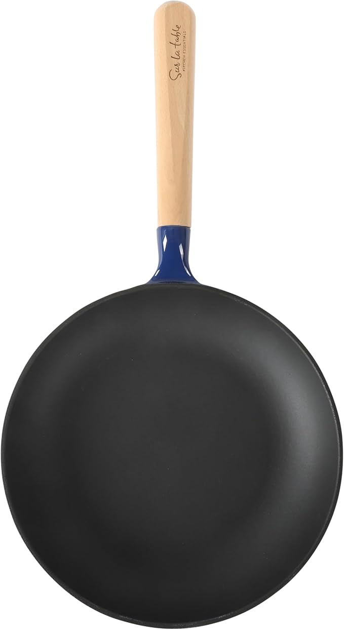 Sur La Table Kitchen Essential Main Canteen 9.5" Pre-Seasoned Cast Iron Skillet w/Wood Handle, Natural Nonstick Lightweight Frying Pan for Searing, Sautéing & Everyday Cooking - Blue