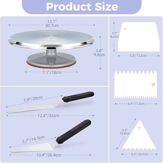 Cake Turntable, Ohuhu Aluminium 12'' Cake Decorating Kit Supplies Rotating Stand Revolving Spinner with 2 Icing Spatula 3 Comb Smoother Perfect Gifts