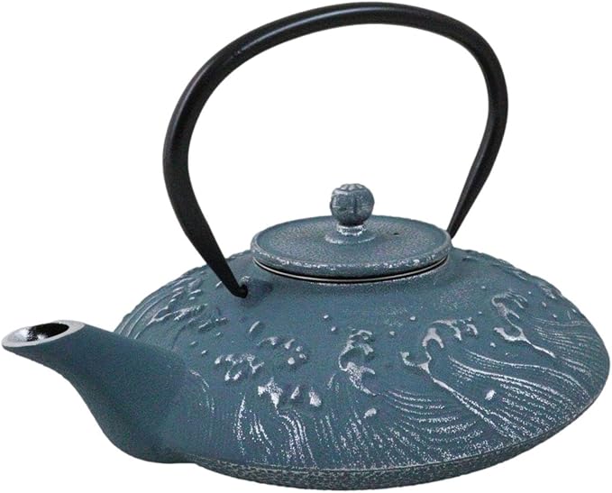 Ebros Gift Traditional Oriental Tetsubin Cast Iron Teapot With Enameled Interior 27oz Asian Japanese Chinese Fusion Housewarming Tea Pot Accent (Royal Blue Ocean Sea Waves)