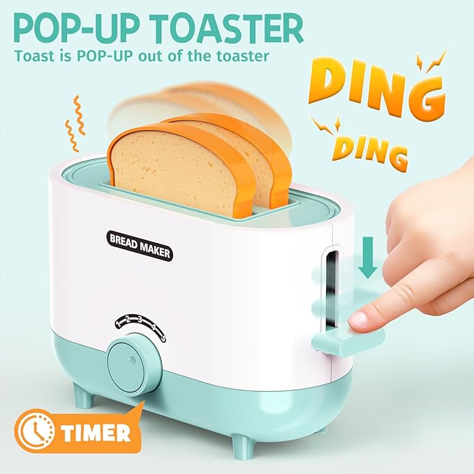 Kids Play Kitchen Accessories Toys Set, Pretend Play Kitchen Appliances Kit - Blender, Coffee Maker, Mixer, Toasters with Light & Sound, Playhouse Role Play Toy Gift for Girl Ages 3 4 5 6