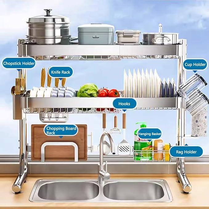 Adjustable Dish Drying Rack Over Sink (21-33"") 3 Tier, Large Capacity Kitchen Counter Dish Drying Rack Stainless Steel Drainer for Kitchen Storage Organization, White