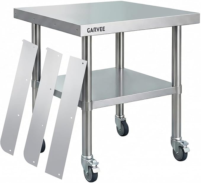 Garvee Stainless Steel Work Table, 24x30x26 Inch Commercial Food Prep Worktable with Wheels, Detachable 3-Sided Backsplash & Height-Adjustable Shelf, Heavy Duty Workbench for Kitchen Restaurant Garage
