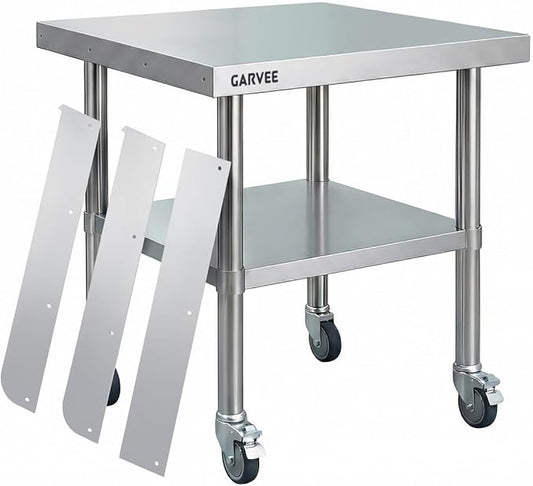 Garvee Stainless Steel Work Table, 24x30x26 Inch Commercial Food Prep Worktable with Wheels, Detachable 3-Sided Backsplash & Height-Adjustable Shelf, Heavy Duty Workbench for Kitchen Restaurant Garage