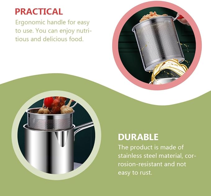 Cabilock Deep Fryer with Basket 4.7 Inch Compact Frying Pot with Perforated Strainer for French Fries Fish Shrimp Chicken Wings Kitchen Appliance