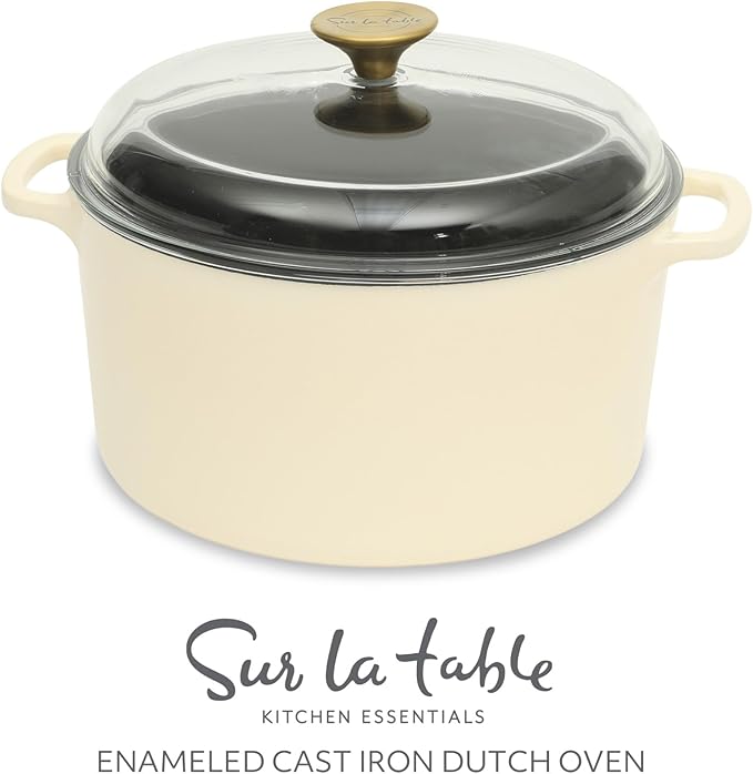 Sur La Table Kitchen Essential Supper Club 5-Quart Enamel-Coated Cast Iron Dutch Oven Pot with Oven Safe Glass Lid, Oven-to-Table Cookware for Bread, Soups, Stews & Braising - Eggshell White