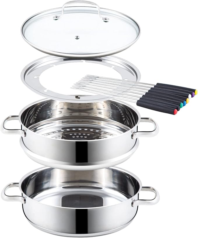 Nuwave Design-18/8 Stainless Steel Cookware,Free of PTFE PFOA PFOS,Fondue Pot Set,Works On All Cooktops and Induction Cooker,Include Pot,Steamer Basket,Glass Lid and 8 Fondue Forks,10 -Yeär Wärranty, 3.5Qt Pot, Silver