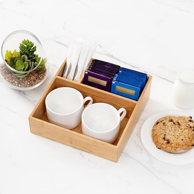 Restaurantware-8.3 x 8.3 x 2 Inch Coffee Condiment Organizer, 1 Square Creamer Organizer - 3 Compartments, Break-Resistant, Bamboo Coffee Accessory Caddy, Won't Chip, For Sugar Packets And Creamers