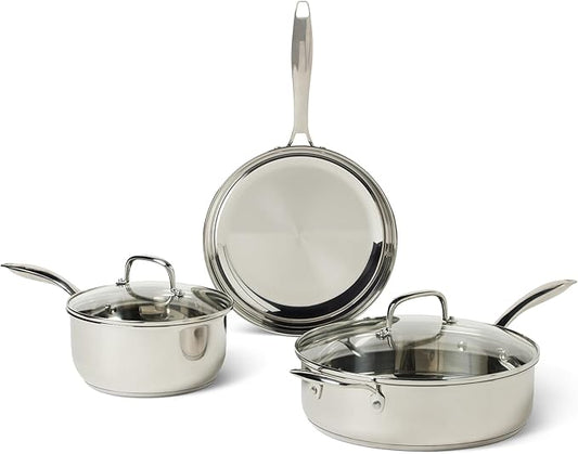 Amazon Basics Stainless Steel Cookware Set, 5-Piece, All Cooktop Friendly, Dishwasher-Safe, Induction Compatible