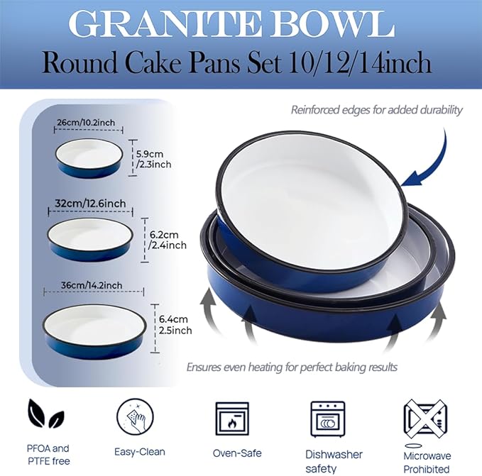 3-Pack Enamel Roasting & Baking Pan Set 10/12/14 Inch Round Cake Pans for Turkey Pizza Casseroles Desserts Oven& Dishwasher High Temperature Resistance Baking Dishes for Mom Wife Valentine's Day