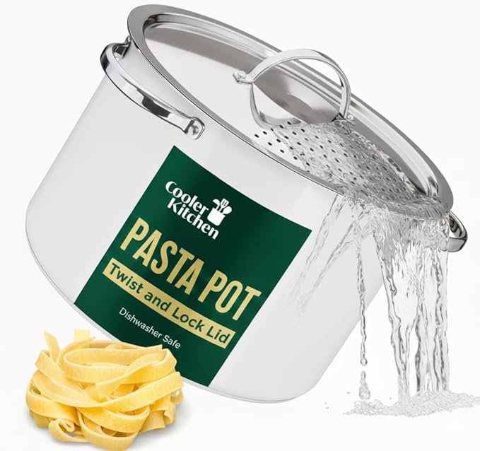 Pasta Pot with Strainer Lid - 5.5 Quart Large Spaghetti Pot - Twist & Lock for Easy Drain & No Colander Or Strainer Basket Insert Needed - Dishwasher Safe Pots