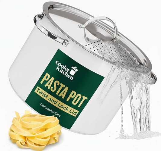Pasta Pot with Strainer Lid - 5.5 Quart Large Spaghetti Pot - Twist & Lock for Easy Drain & No Colander Or Strainer Basket Insert Needed - Dishwasher Safe Pots