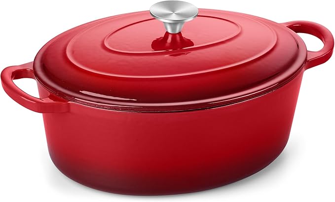 TeamFar 7QT Oval Dutch Oven, Enameled Cast Iron Dutch Oven Pot with Lid, For Bread Baking/Stewing/Braising/Frying, Suitable for Various Stoves, Non-stick & Easy Clean, Red