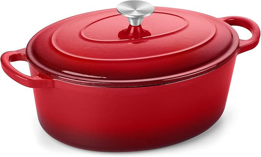 TeamFar 7QT Oval Dutch Oven, Enameled Cast Iron Dutch Oven Pot with Lid, For Bread Baking/Stewing/Braising/Frying, Suitable for Various Stoves, Non-stick & Easy Clean, Red