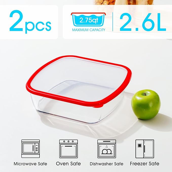 NUTRIUPS 9 x 9 Square Glass Baking Dish with Lid 2 Pack, 2.75QT LARGE and DEEP Baking Dish for Oven (Red, 2 Pack, 2.6L)