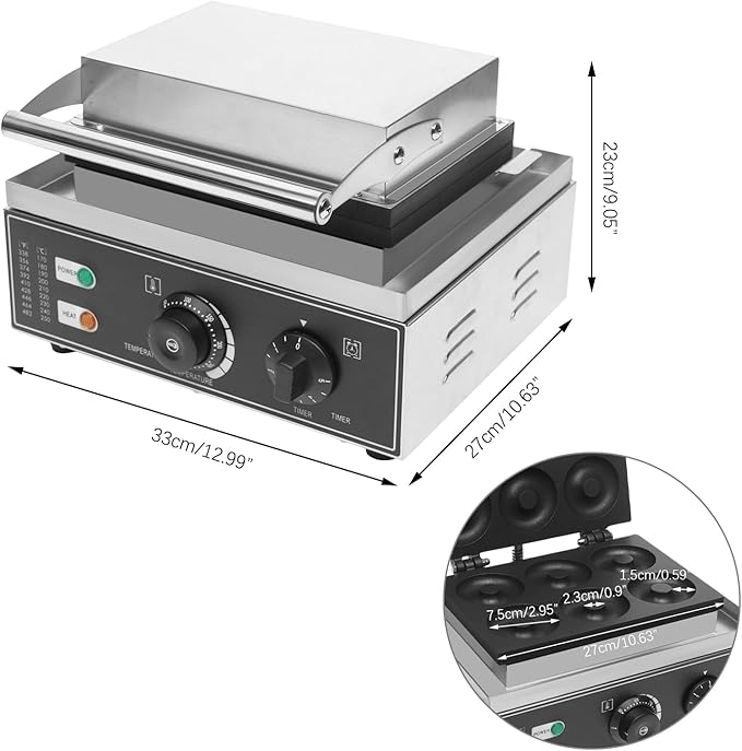 Mini Donut Makers, Commercial 6 Holes Double-Sided Electric Waffle Maker, 1550w 122-572℉ Non-Stick Donut Bake Machine for Professional Kitchen, Waffle Donut Machine for Chocolate Candies Ketchup etc