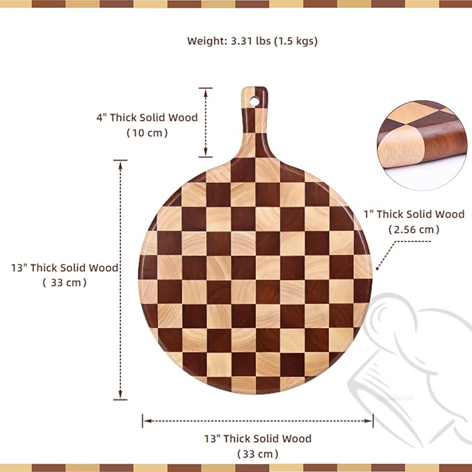 Checkered Round Cutting Board with Handle for Kitchen Decor, 17"L x 13"W x 1" Thick – Wooden Chopping, Cheese & Charcuterie Board in Acacia Wood, Decorative Serving Platter for Meat, Bread & Pizza