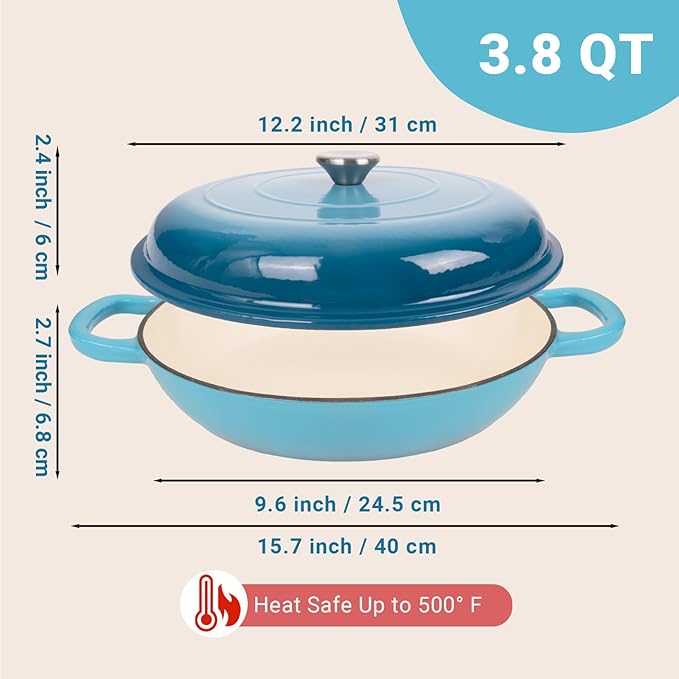 Enameled Cast Iron Dutch Oven, 3.8 Quart Dutch Oven Pot with Lid, Non Stick Cast Iron Pot, Round Oven Safe up to 500°F, Use for Marinate, Cook, Bake and Serve – Gradient Blue