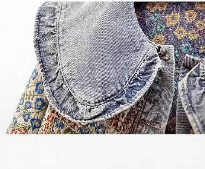 Xaspee Womens Peter Pan Collar Cropped Jean Jacket Embroidered Jacquard Long Sleeve Casual Floral Denim Jackets Coat