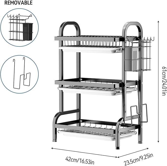 KUK 3 Tier Dish Drying Rack, Stainless Steel Over The Sink Dish with Drain Tray, Kitchen Dishes Drying Racks, Dish Racks for Kitchen Counter Storage (Black)