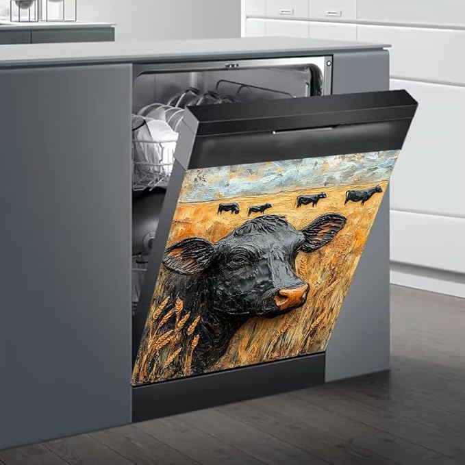 Black Cow in Wheat Field Dishwasher Magnet Cover, Rustic Farm Animal Refrigerator Magnetic Vinyl Sticker for Dishwasher Door, Decorative Kitchen Appliance Panel Decal, 23Wx26H Inches